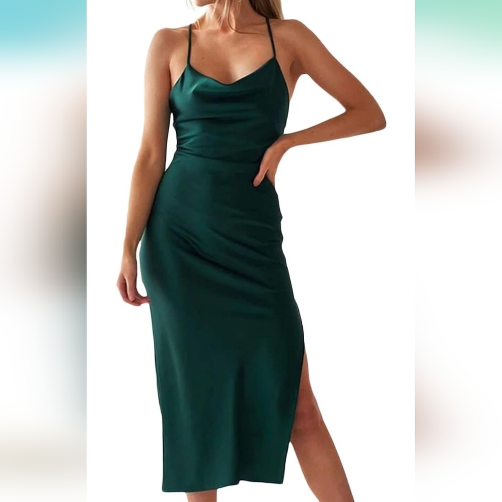 Elegant Green Midi Dress Satin